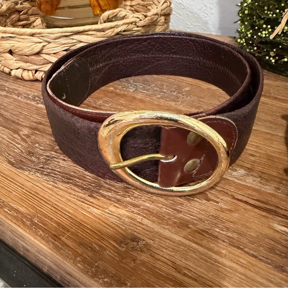 Wide Brown Leather Belt with Gold Oval Buckle